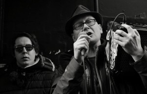 Vinny Spencer addresses the peaceful demonstration over the closure of The Lomax in Liverpool.  Photograph used by kind permission of Adrain Wharton. February 2015. 